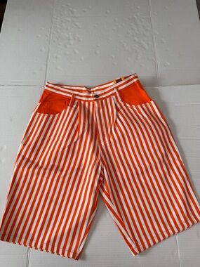 Vintage Cest Toi Men's Orange & White Striped Flat Front Shorts